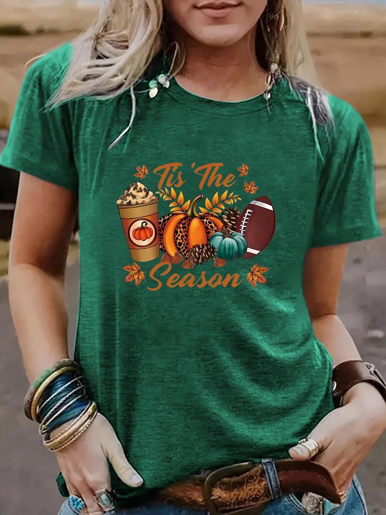European & American Women's Halloween Pumpkin Baseball Tee - Round Neck, Short Sleeve, Casual Fashion T-Shirt