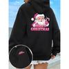 Merry Christmas Pink Santa Claus Pattern Women Autumn Pocket Hoodie Warm Comfy Sweatshirt Loose Clothes Casual Sports Top