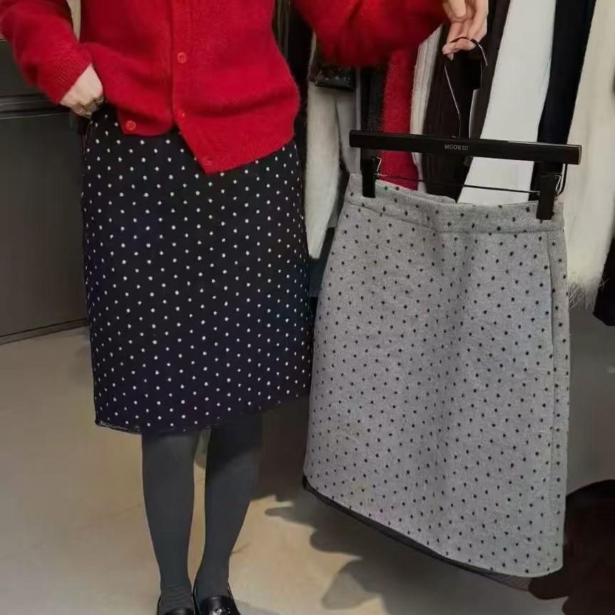 Korean Dongdaemun Autumn/Winter Polka Dot Lace Trim Wool Mid-Length Skirt