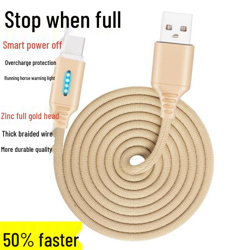 Zinc Alloy Horse Racing LED Fast Charging Smart Auto Power Off Data Cable for Apple & Huawei Android/V8 Connector белый