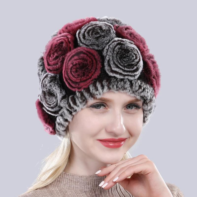 New Arrival Flowers Real Fur Hats Winter Russian Women Natural Rex Rabbit Fur Caps Lady Genuine Rex Rabbit Fur Beanies Cap