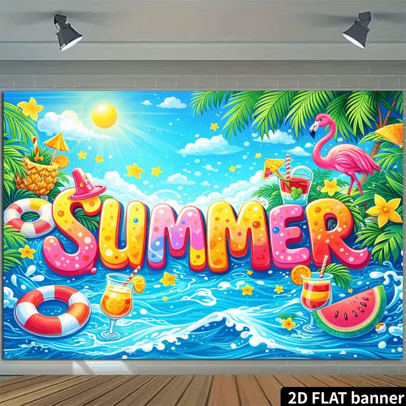 2D Colorful Summer Banner with Waves, Sun & Flamingo for Photoshoot