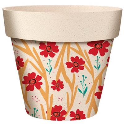 [A2161] - Bamboo Plant Pot 'Flowers' Red Beige - 22x21 Cm