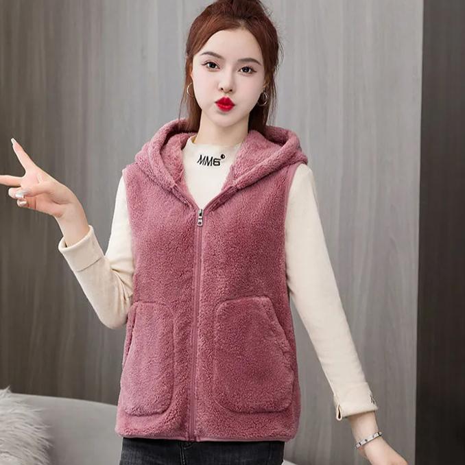 

Осенне-зимний жилет из кораллового флиса, женский, большой размер, утолщенный, теплый, свободный, с капюшоном, модный жилет XL розовый