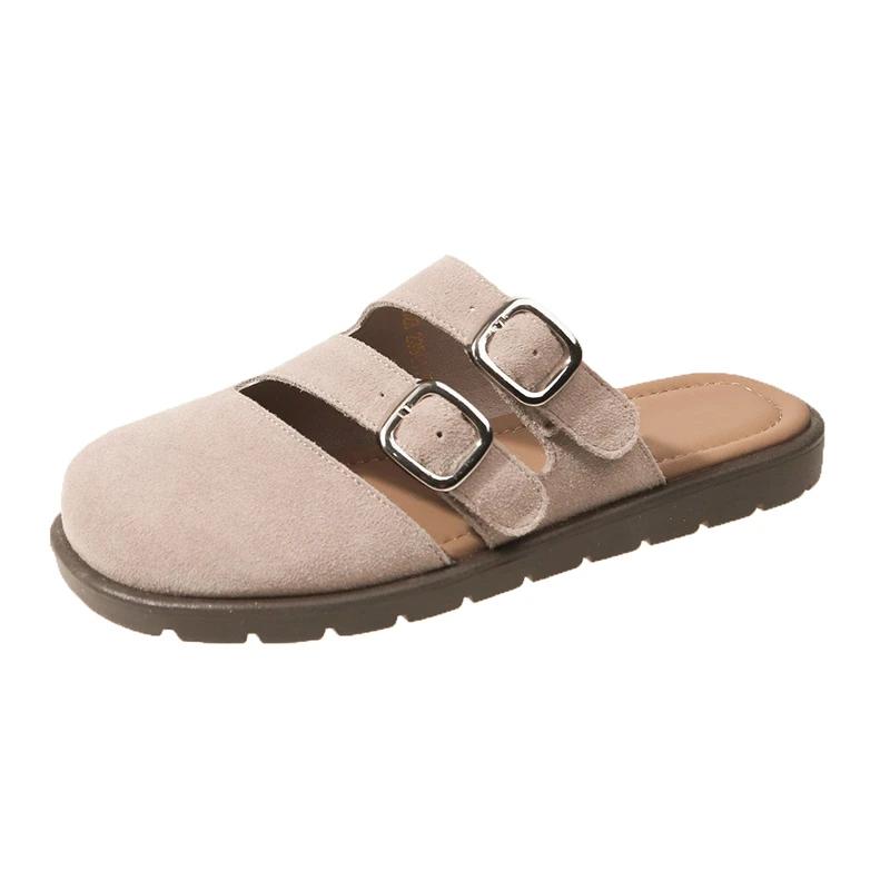 Fashion Women's Suede Mules 2024Spring and Autumn New Thick-soled Flat Shoes Boston Sandals Fashionable Slip-on Beach Women's Soft Shoes
