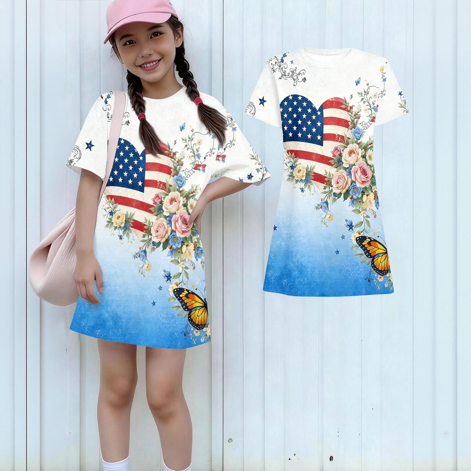 

Girls Short Sleeve Casual Dress with Butterfly and Floral Print Crew Neck Soft Fabric Comfortable Fit for Daily Wear 160 небо синє кольору