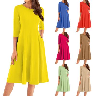 Women's Casual Fashion Round Neck Three Quarter Sleeve Solid Color Midi Dress