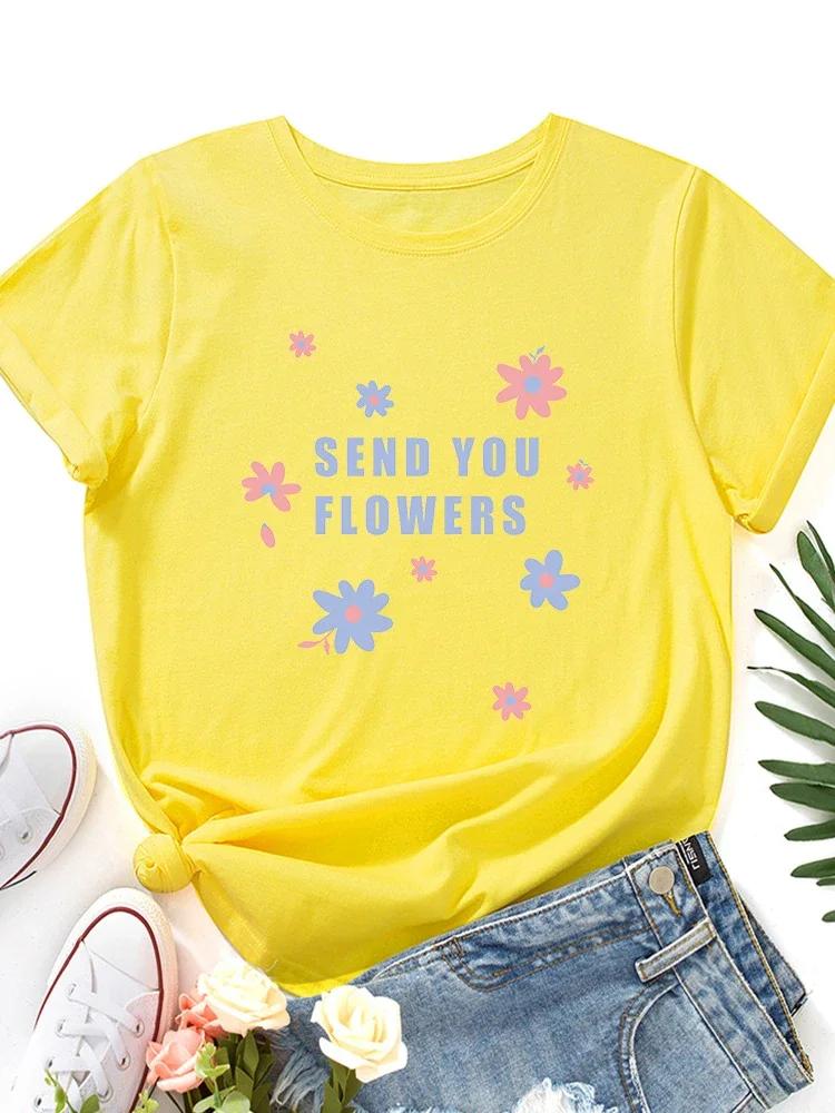 SEND YOU FLOWERS Print T Shirt Women Short Sleeve O Neck Loose Tshirt Summer Women Tee Shirt Tops Camisetas Mujer
