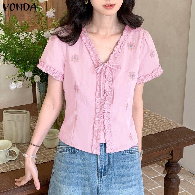 VONDA Women V Neck Short Sleeve Buttons Up Ruffled Hem Print Casual Blouse