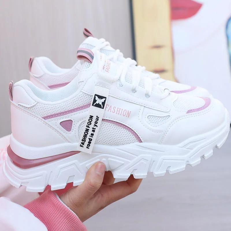 Fashion Spring Autumn Women Sneakers Breath Thick Bottom Lightweight Sports Shoes Lace-up Wedge Sneakers Women Comfortable Leisure Shoes