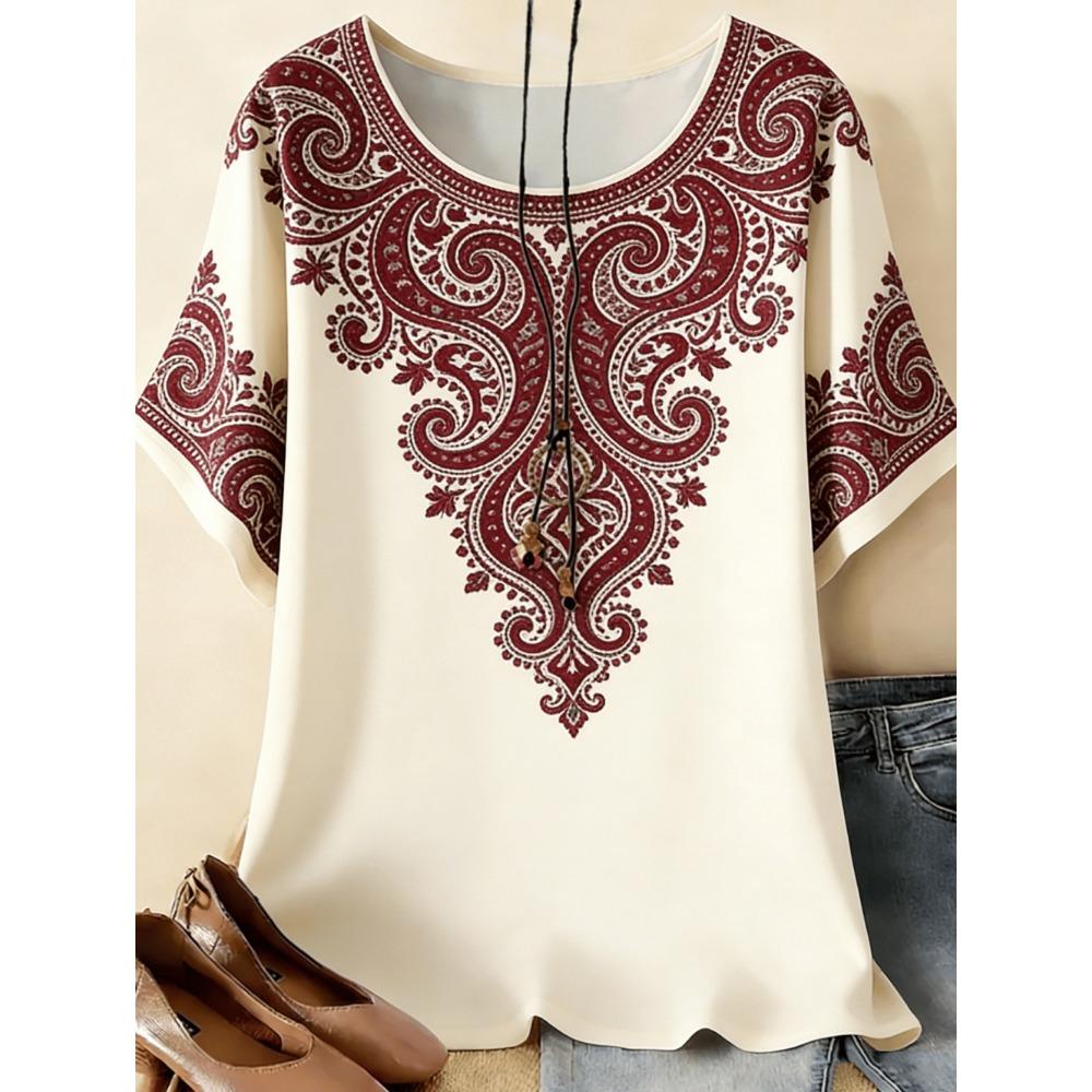Vintage Paisley Graphics Women's Short Sleeve T-Shirt Ethnic Style O-Neck 3D Printed Top Tees Summer Loose Women's Clothing