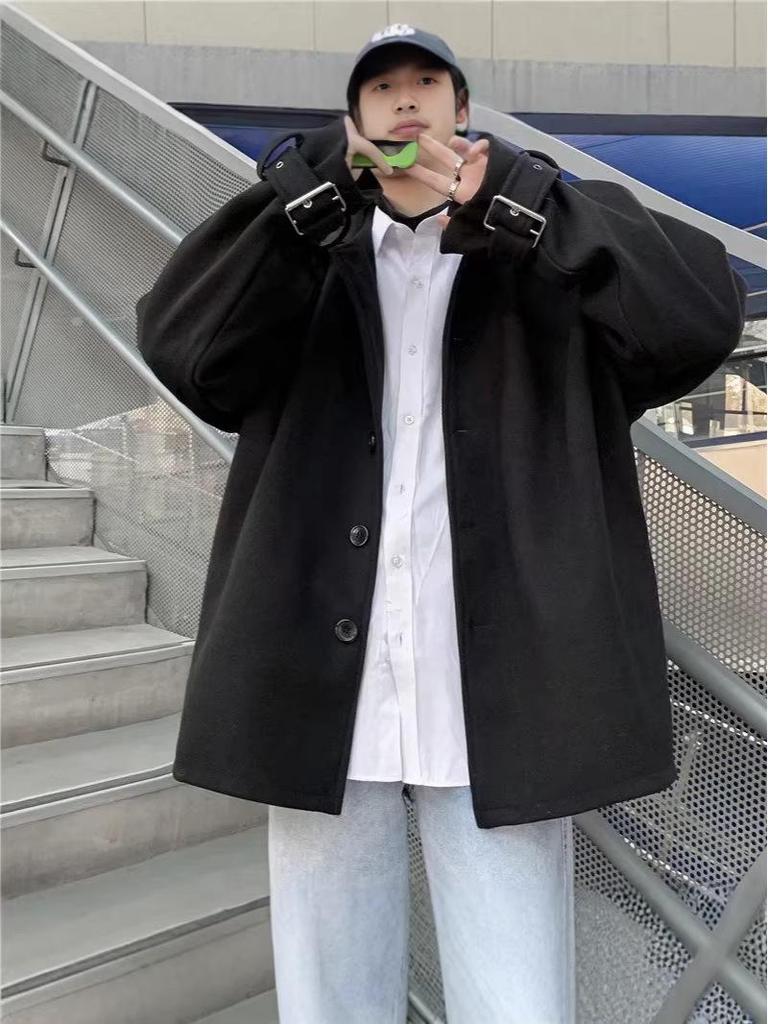 Men's Korean Style Woolen Coat - Single-breasted, Solid Color, Winter Casual Jacket for Couples