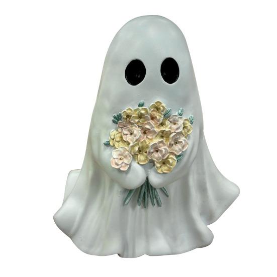 Halloween Ghost Figurine Small Resin Ghost Holding Flower Statue Cute Ghost Tabletop Decor for Halloween Porch Indoor Outdoor Decoration