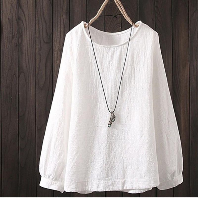 Cotton Linen Long Sleeve Shirt For Women With Round Neck And Relaxed Fit