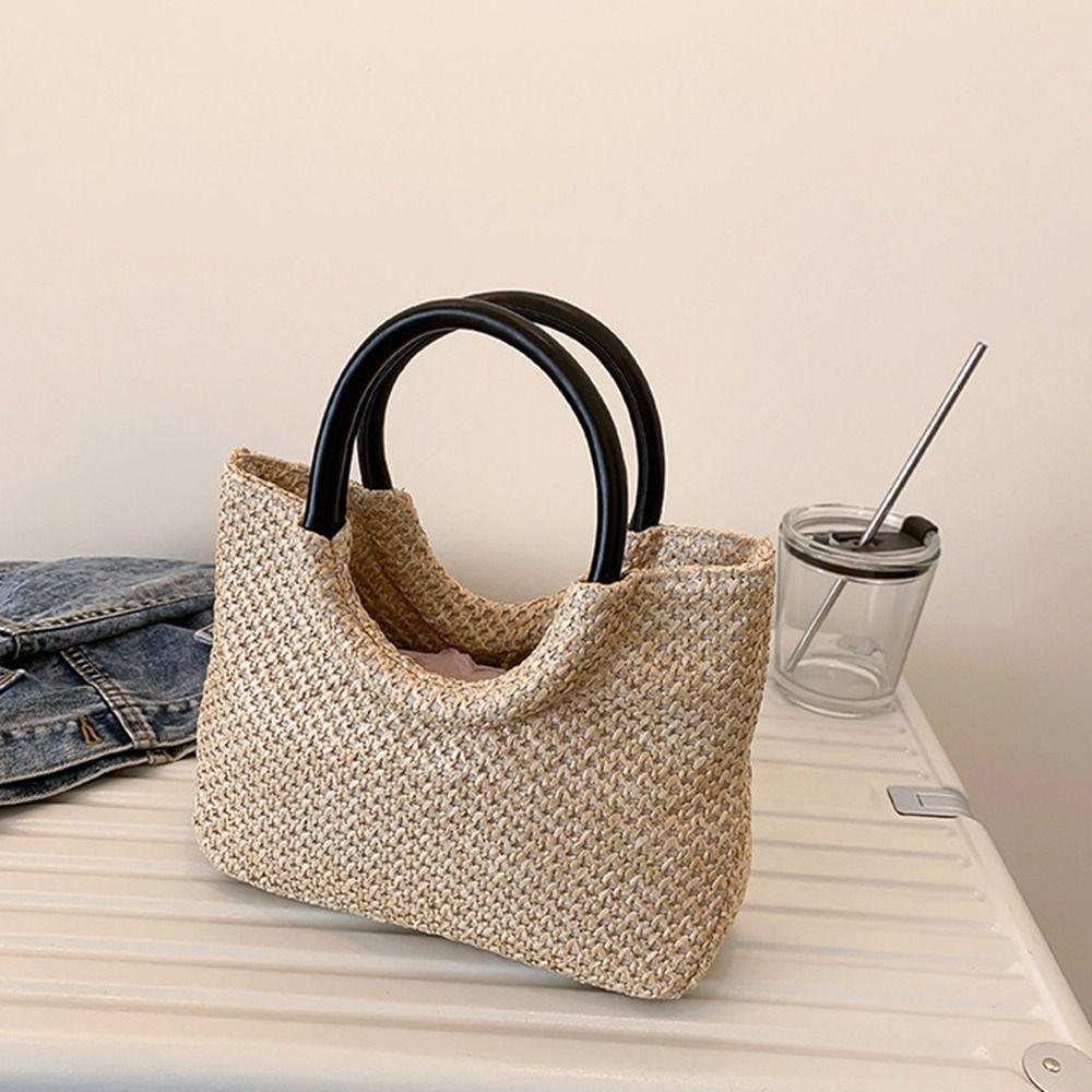 Capacity Bohemian Grocery Handbags Pu Leather Weave Beach Bag Women Handbag Shoulder Bag Straw Bag