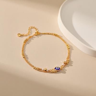 Women Gold Plated Turkish Blue Evil Eye Double Layer Anklet Foot Jewelry