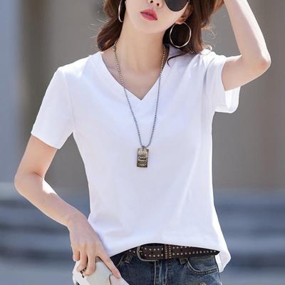 Women's White V-Neck Short Sleeve Cotton T-Shirt with Sweetheart Neckline