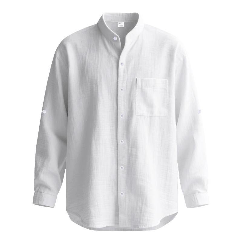 Men Stand Collar Linen Long Sleeve Shirt Single Pocket Roll Tab Cuff Casual Beach Top