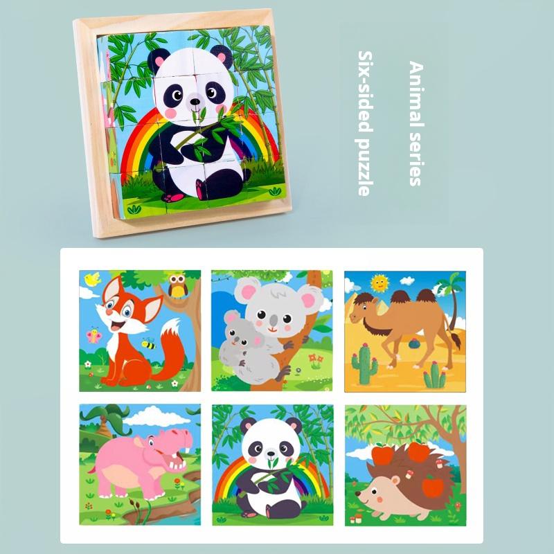 Šest stran malované dřevěné puzzle Trojrozměrné puzzle s dopravními zvířaty Stavební bloky Vzdělávací hračka pro rané vzdělávání
