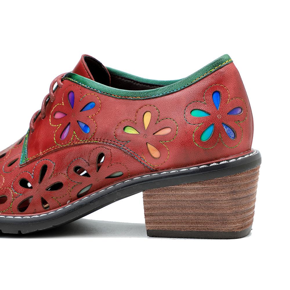 Johnature Genuine Leather Versatile Women Pumps Hand Brushed Vintage Contrast Hollow Out Thick Heels Shoes