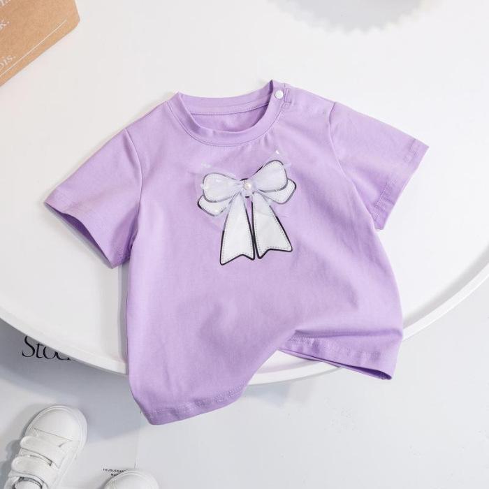 Girls Summer Korean Cotton Short Sleeve T Shirt with Cute Bow Detail