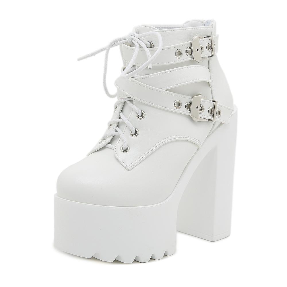 Gdgydh Women'S Solid Color Block Heeled Boots Buckle Strap Fashion Goth Lace Up Dress Boots For Party Back Zipper Ankle Boots