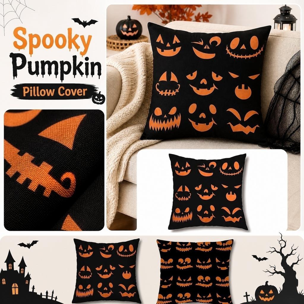 Halloween Pumpkin Face Linen Single Side Pillow Cover 45x45cm Festive Home Decoration Cushion Case Without Insert