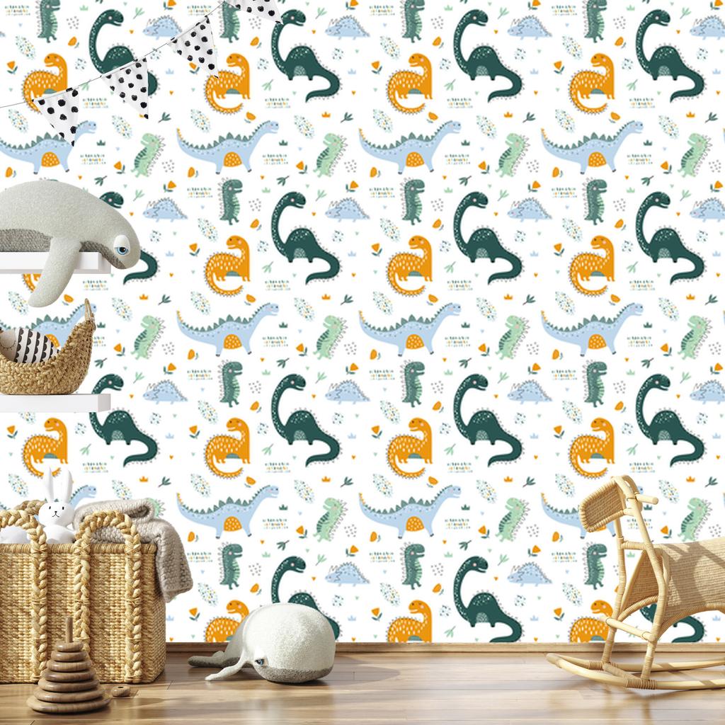 Dinosaurs Leaves and Flowers Wallpaper for Living Room and Bedroom 50x1000
