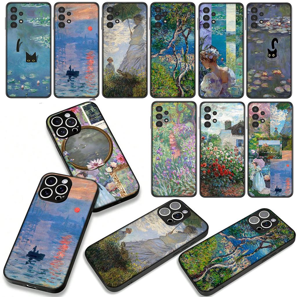 Pour Samsung Galaxy A36 A17 A26 A07 A35 A54 A53 A13 A33 A34 S8 S20 S21 FE S10 Plus Coque Claude Monet Impressionnisme Nénuphar Chat