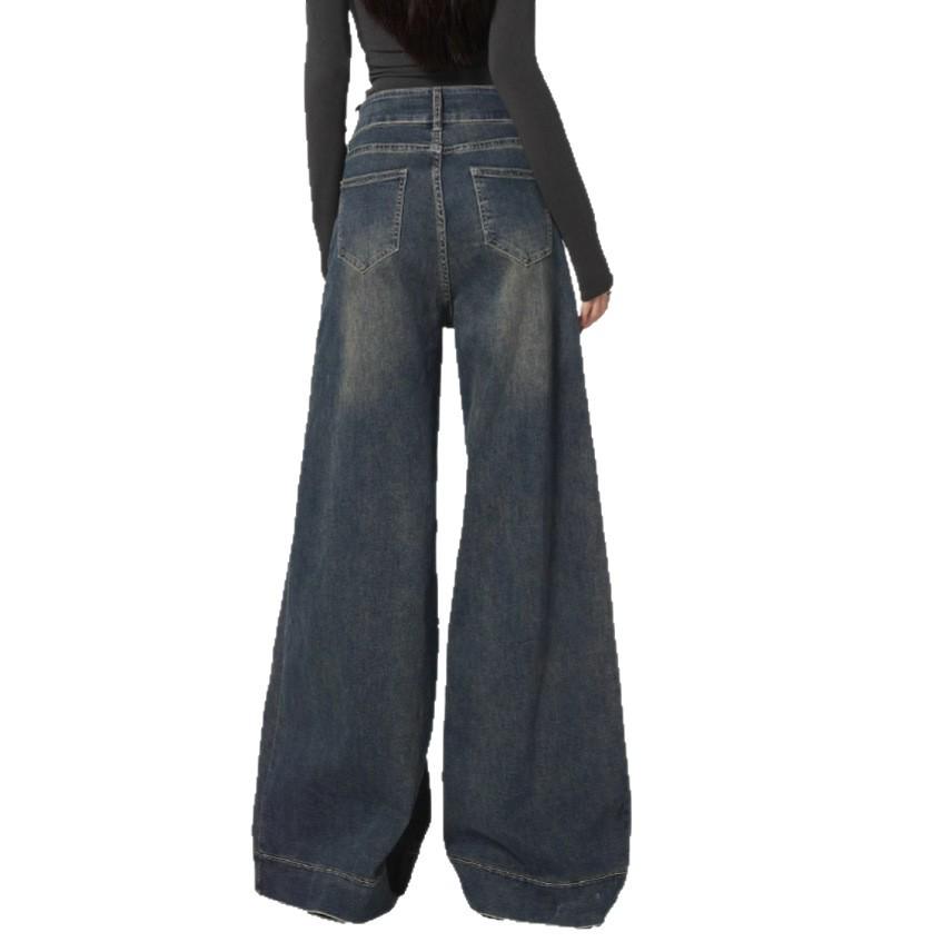 Women's High-Waisted Retro Blue Wide-Leg Jeans, Loose Fit, Good Drape, Floor-Length, Perfect for Spring/Autumn.