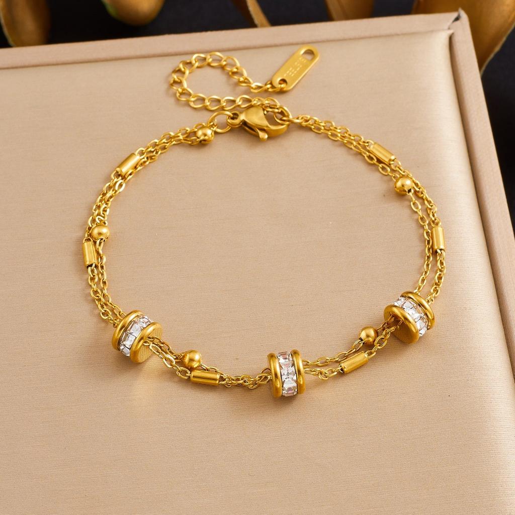 Gold Stainless Steel Cz Pave Cylinder Charm Double Chain Bracelet