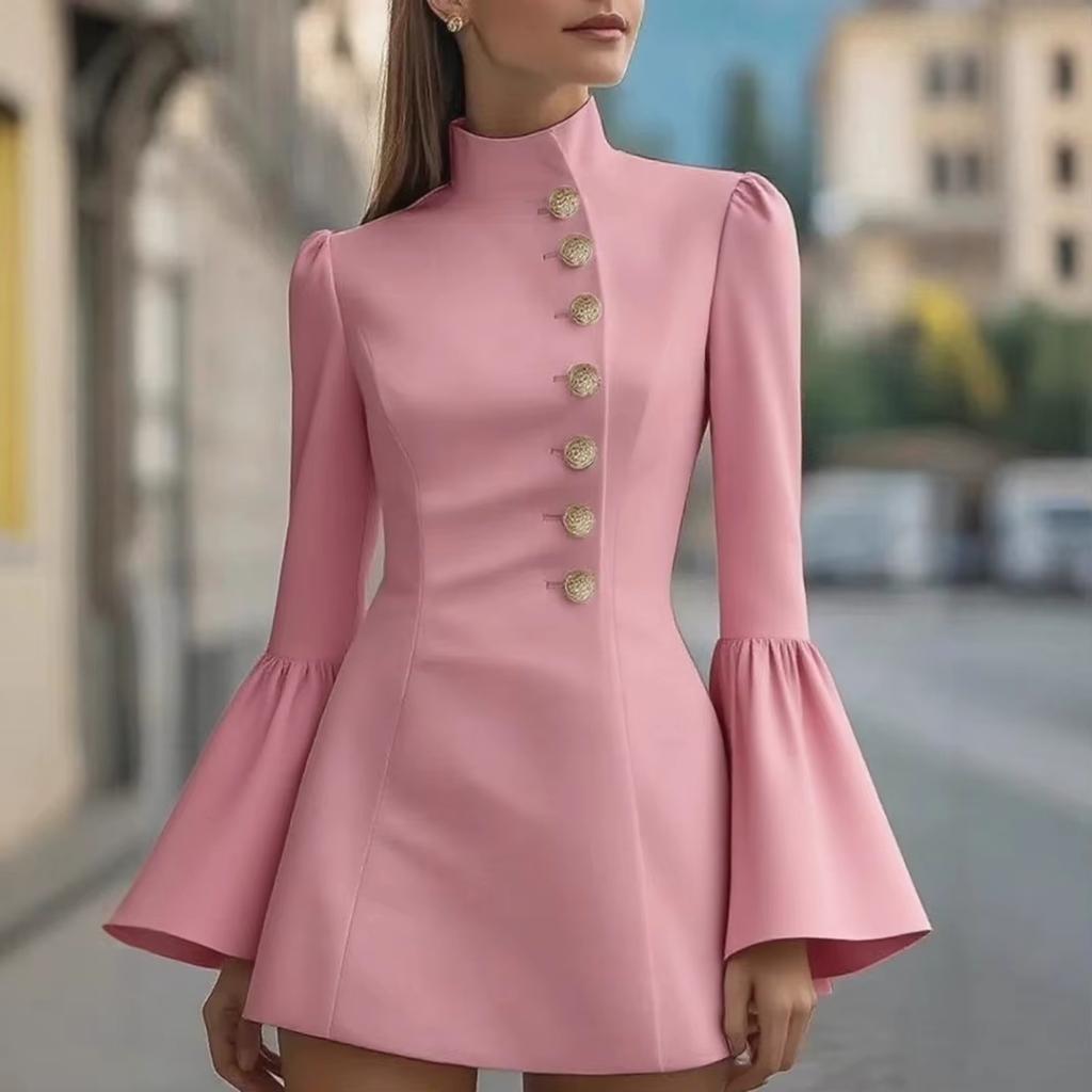 Women's Fashionable Elegance Solid-Colour Long-Sleeved Slim-Fit Stand Collar Bell-Sleeve Suit Dress