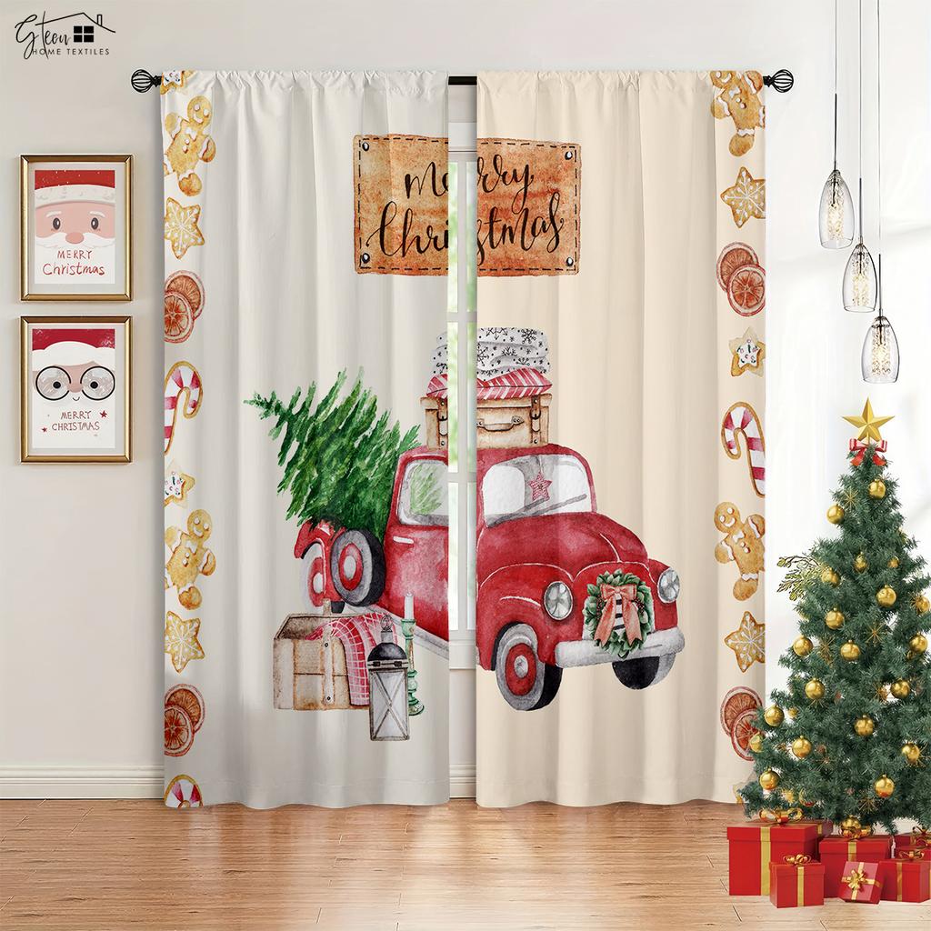 Christmas New Decorative Curtain Christmas Tree Santa Claus Gift Elk Pumpkin Carriage Festive Atmosphere 3D Printed Curtain