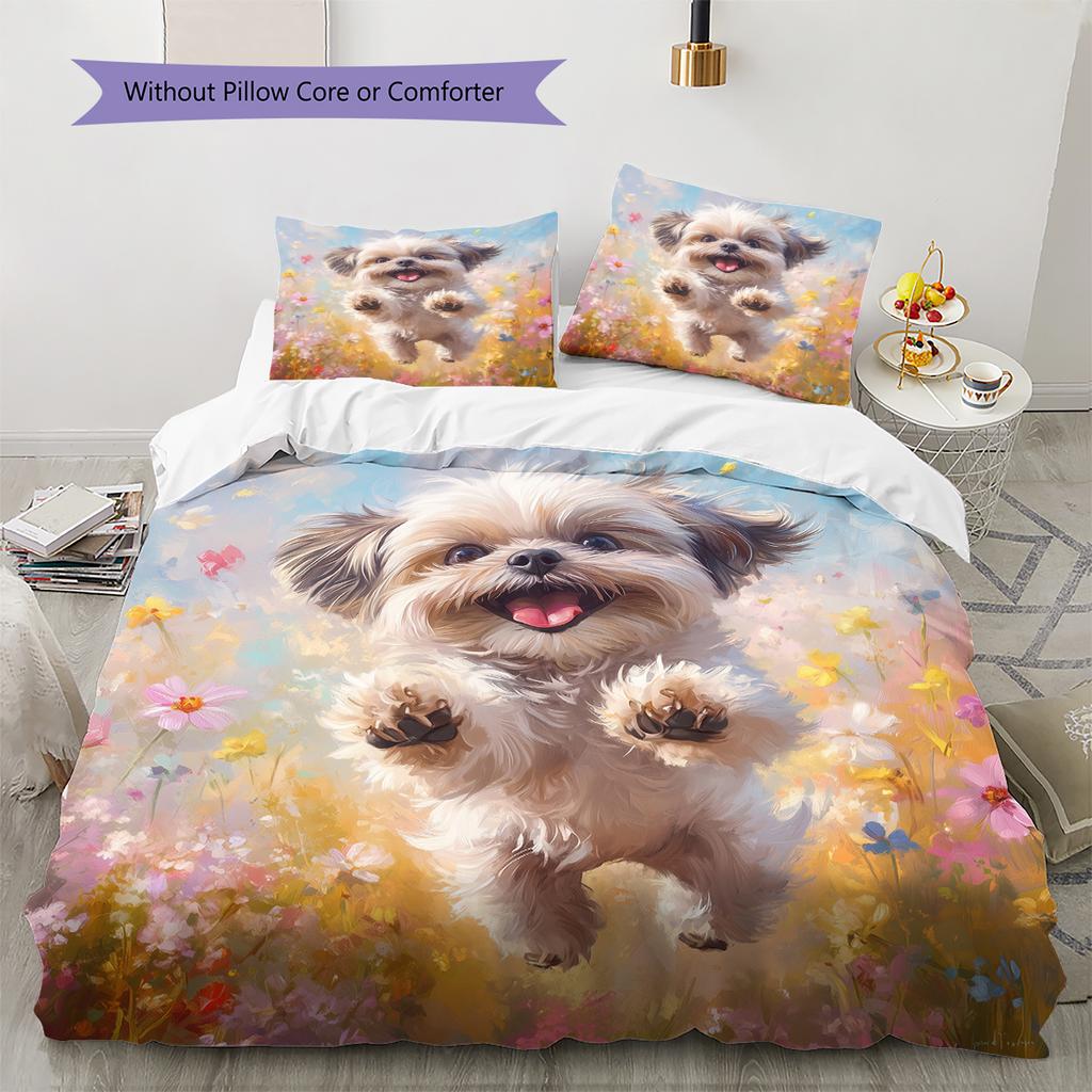 Shih Tzu and Flowers Pattern Bedding Home Decoration Birthday Gift (1 * Duvet Cover + 2 * Pillowcase, Without Core)