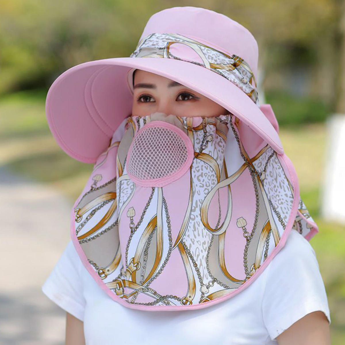

Summer Women Wide Brim Garden Work Shade Hat Face Mask Detachable Sunhat Outdoor Print Breathable Fisherman Hat UV Protection one size розовый