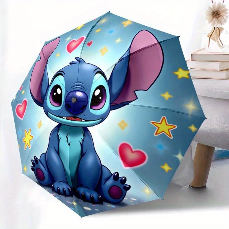 Disney Stitch Automatic Open/Close Umbrella - UV Protection Cute Umbrella with Cute Stitch Design, Portable 3-Fold Compact Umbrella