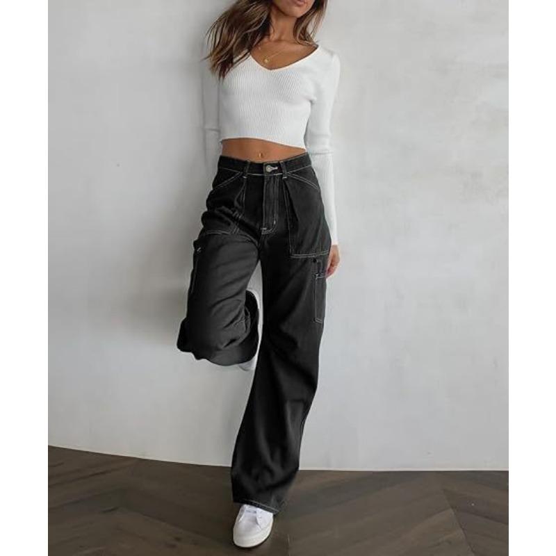 Damen lockere lässige High-Waist gerade Hosen mit sechs Taschen Cargo-Hosen