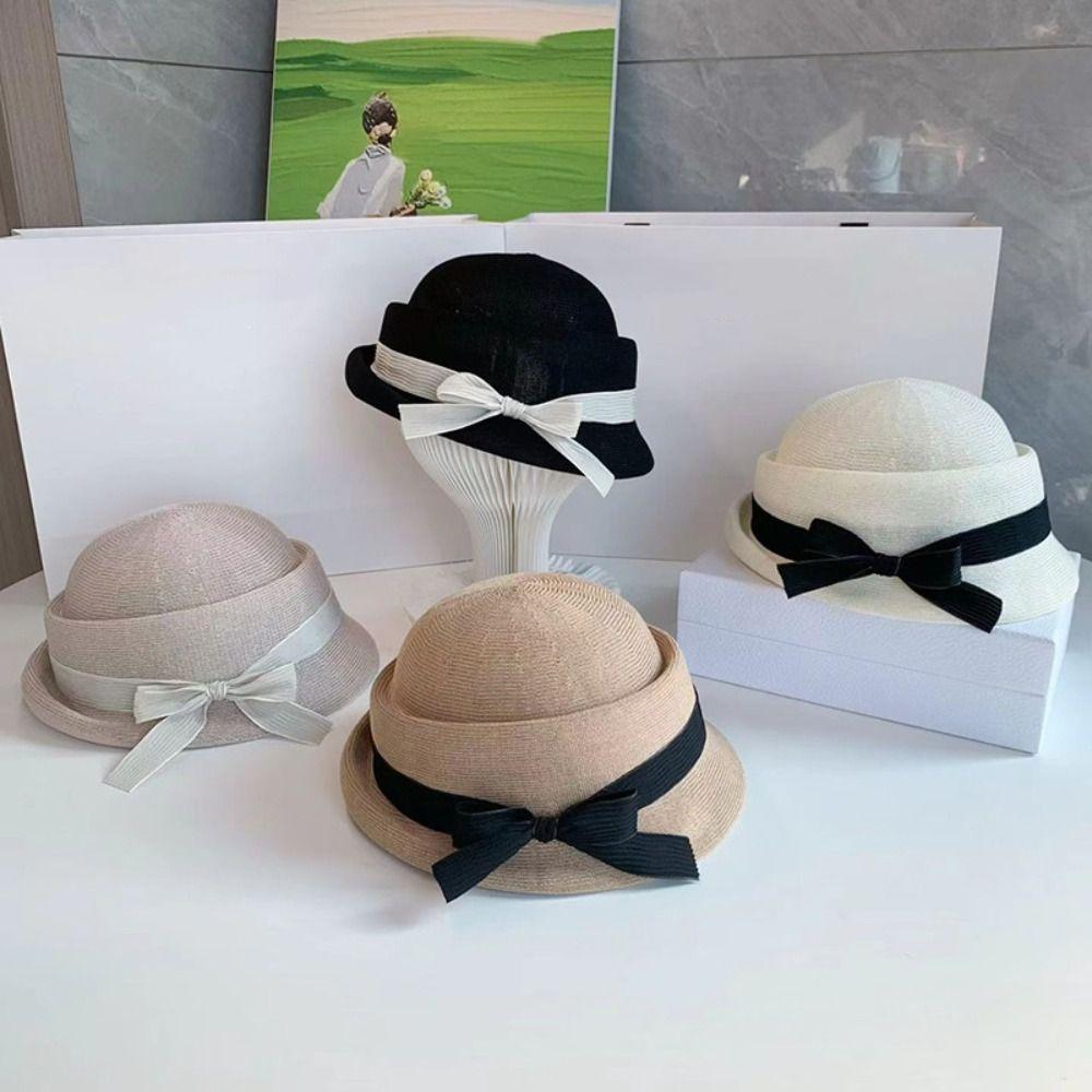 Bowknot Hepburn Style Formal Hat Knitted Fisherman Hat Fashion Bow Topper Hat Streetwear
