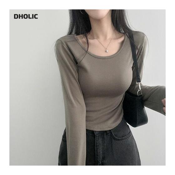 tops Women's Korean Fashion Tops Cut and Sew Long Sleeve Cropped Short Length Slim Stretch Plain Solid Color Affordable Simple Feminine Casual Autumn