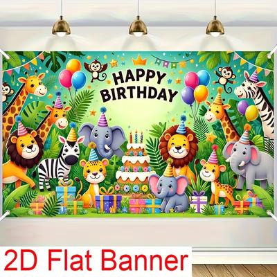 2D Alles Gute zum Geburtstag Hintergrundtuch Dschungeltier mit Löwe & Giraffe Banner