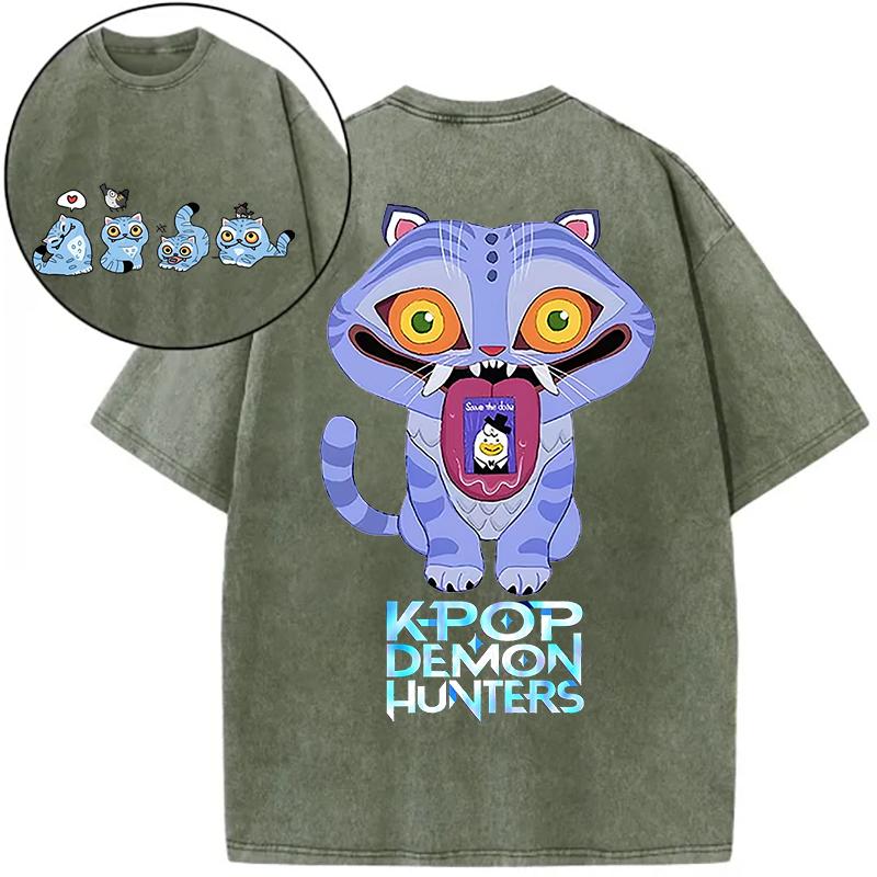 Women Derpy Tiger Hot Movie Print Shirts for Women Cartoon Anime Washed Cotton Tee K-Pop Demon Hunters Tiger T-shirt Tops