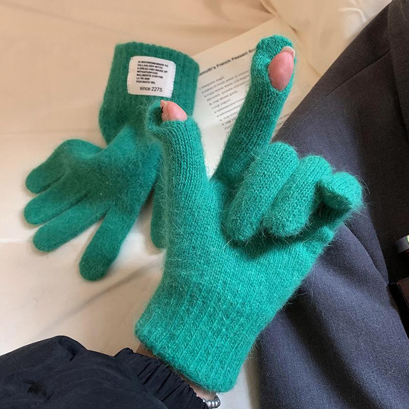 Thickened cycling knitted thermal gloves for women's winter new student solid color touchscreen finger-exposed wool 2025 points