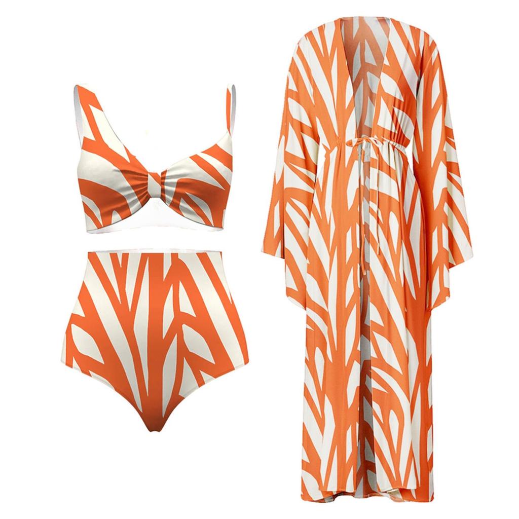 2025 Euro-American Fashion Three-Piece Striped Swimsuit with Cover-Up & Sun Protection