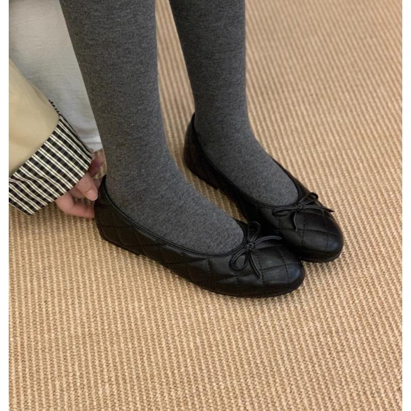 New Black Spring New Round Head Bow Flat Bottom Ballet Single Shoe Shallow Mouth Women's Mary Janes Shallow Solid  Leather Shoes