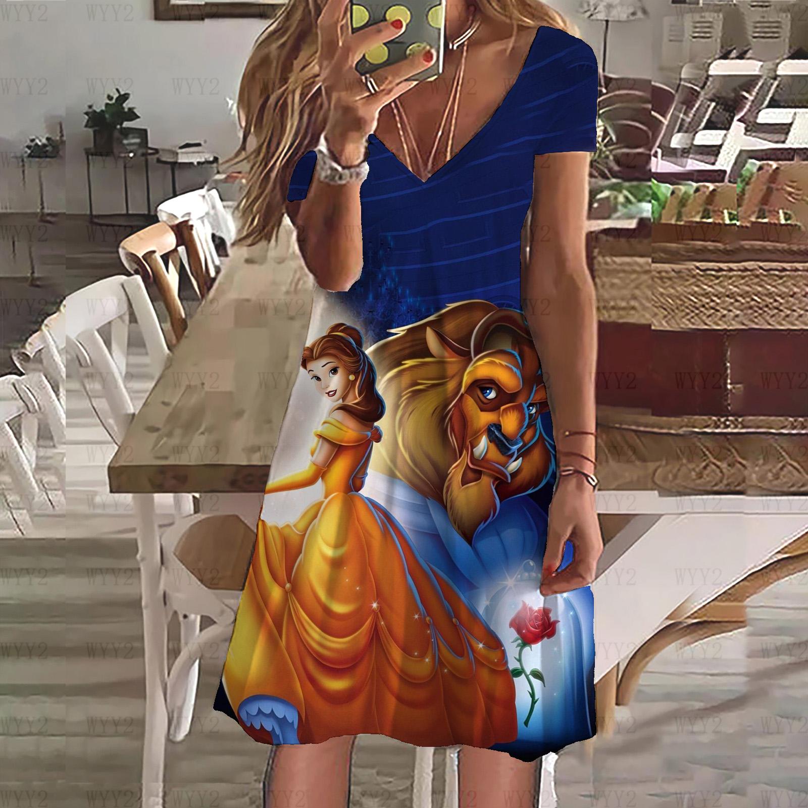 

Нова сукня Disney Красуня і Чудовисько Принт Літня Жіноча Сукня з V-подібним Вирізом та Коротким Рукавом Жіночий Одяг Повсякденний Вуличний Стиль M