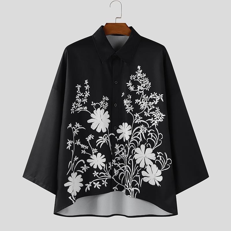 

INCERUN Oversized Men Lapel 3/4 Sleeve Floral Print Casual Loose Shirts Tops S белый