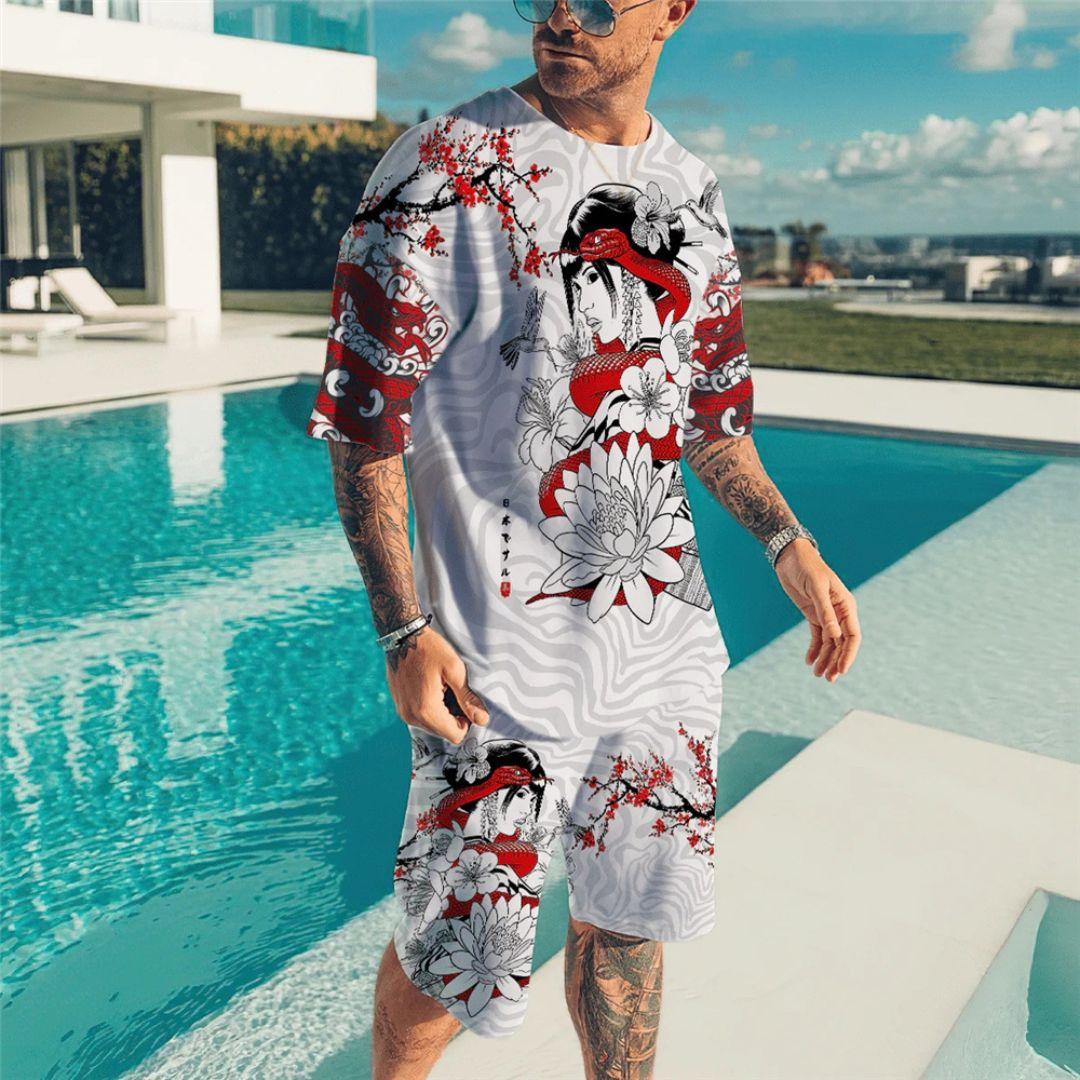 

Мужские комплекты, модная одежда для Ink sty, уличная одежда с 3D принтом, футболка, шорты, костюм из 2 предметов, повседневная спортивная одежда больших размеров, мужской спортивный костюм L