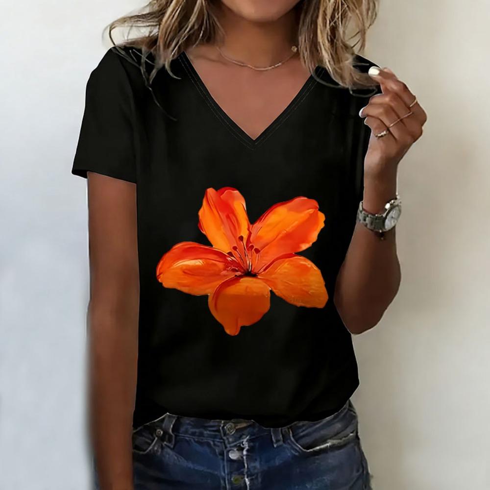 

Retri Flower T-shirt V Neck Casual Fashion Floral Printed T Shirts Women Short Sleeve Tee Shirt V-Neck Graphic Tee S