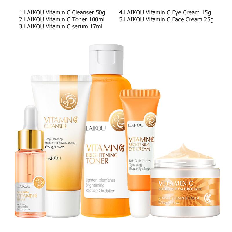 LAIKOU Vitamin C Facial Skin Care Set Face Cleanser Refresh Serum Eye Cream Essence Increase Skin Elastic Smoothing & Tendering