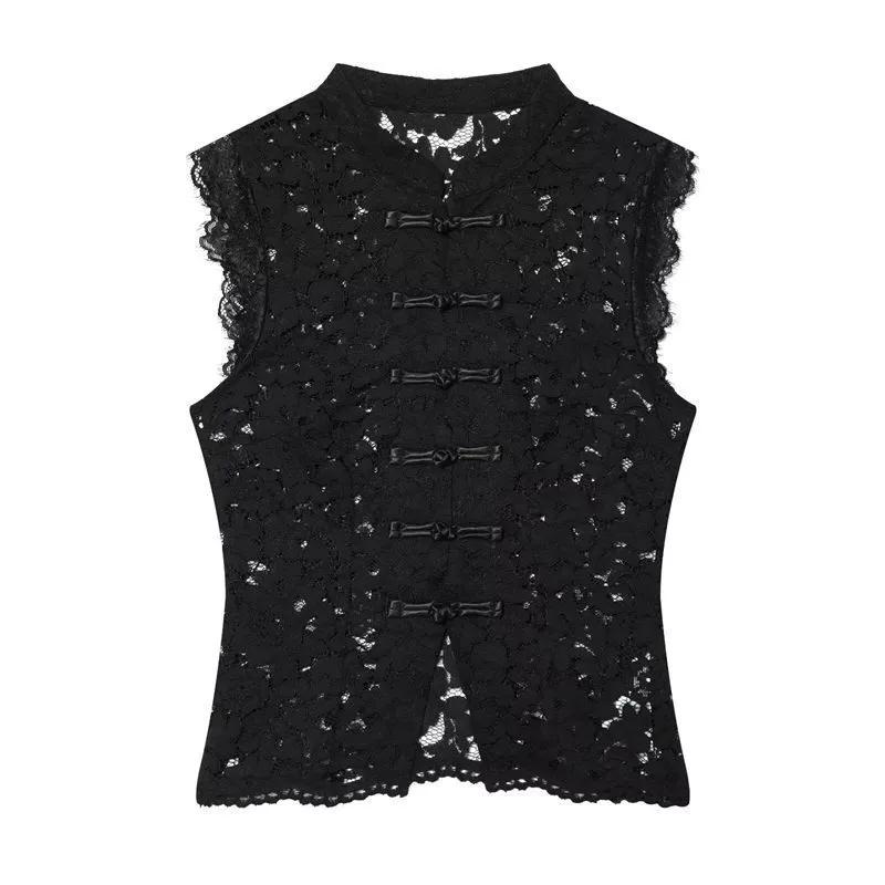 Elegante Spitzenbluse, Hemd mit Mandarinkragen und Froschknöpfen, ärmellos, schmal geschnitten, lässiges Urlaubs-Top für Damen XL schwarz